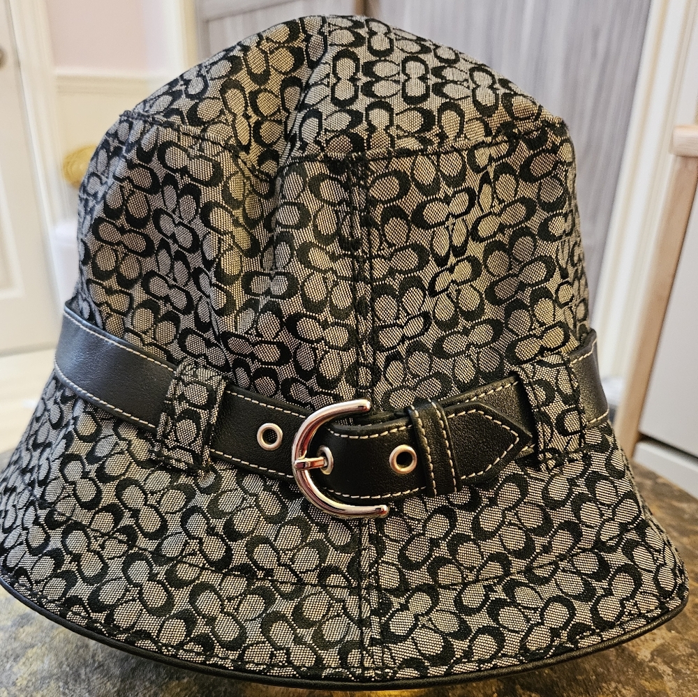 Coach Brown And Grey Womens Bucket Patterned Hat, Gold Hardwear, Lined